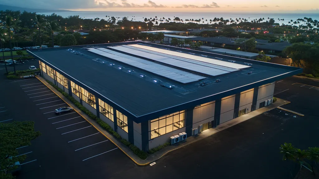 A commercial roof on a fitness gym in a location similar to Honolulu with an illuminated nightscape aesthetic (AI image)