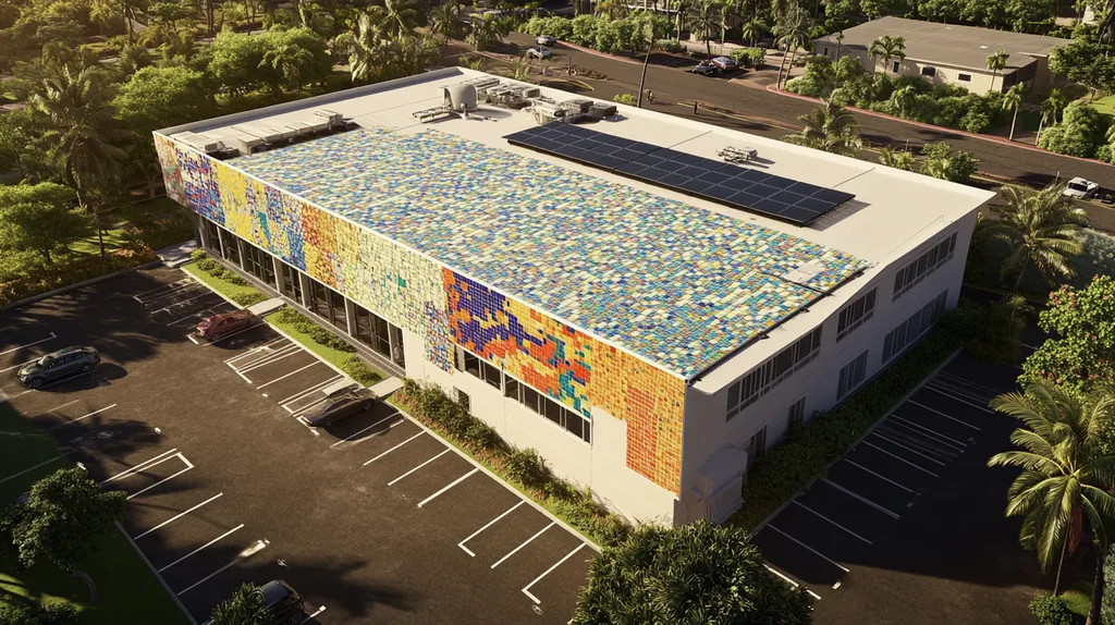 A commercial roof on a fitness gym in a location similar to Honolulu with a mosaic tile art aesthetic (AI image)