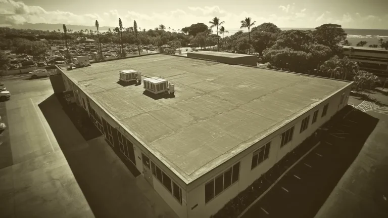 A commercial roof on a fitness gym in a location similar to Honolulu with a tintype aesthetic (AI image)