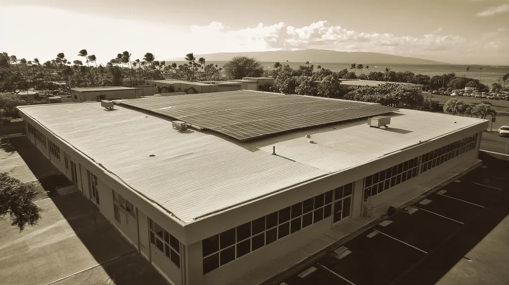 A commercial roof on a fitness gym in a location similar to Honolulu with a tintype aesthetic (AI image)