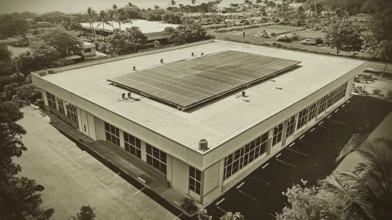 A commercial roof on a fitness gym in a location similar to Honolulu with a tintype aesthetic (AI image)