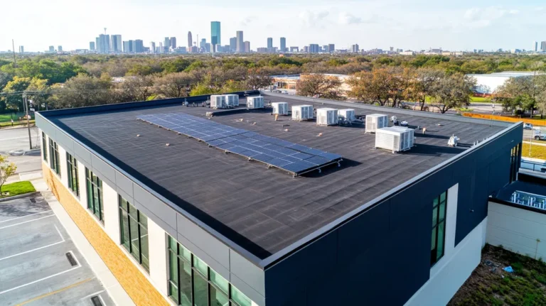 A commercial roof on a fitness gym in a location similar to Houston with a color highlight aesthetic (AI image)