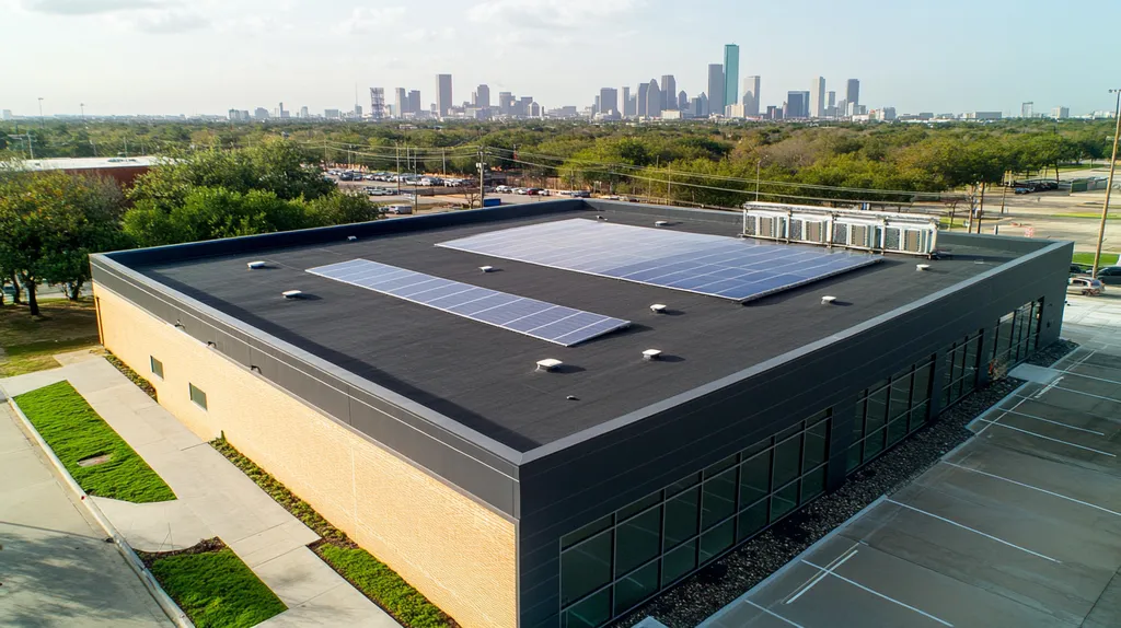 A commercial roof on a fitness gym in a location similar to Houston with a color highlight aesthetic (AI image)