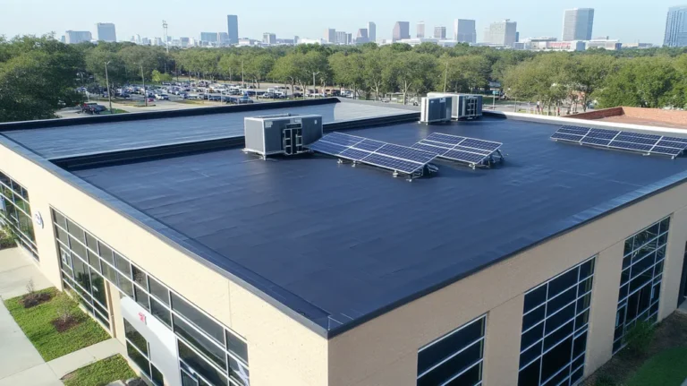 A commercial roof on a fitness gym in a location similar to Houston with a cross-processed look aesthetic (AI image)