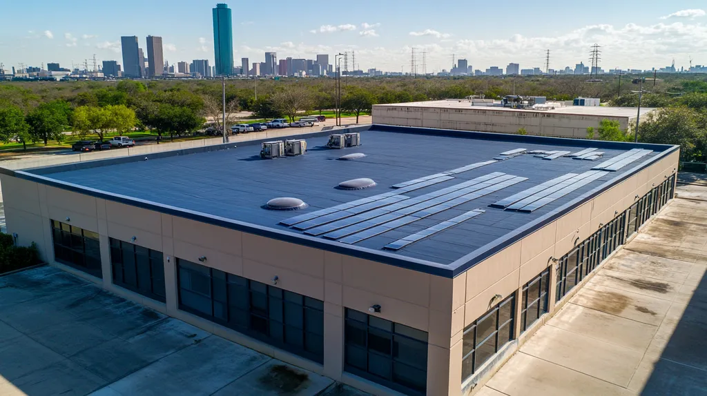 A commercial roof on a fitness gym in a location similar to Houston with a cross-processed look aesthetic (AI image)