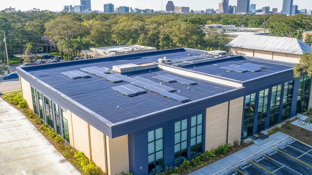A commercial roof on a fitness gym in a location similar to Houston with a cross-processed look aesthetic (AI image)