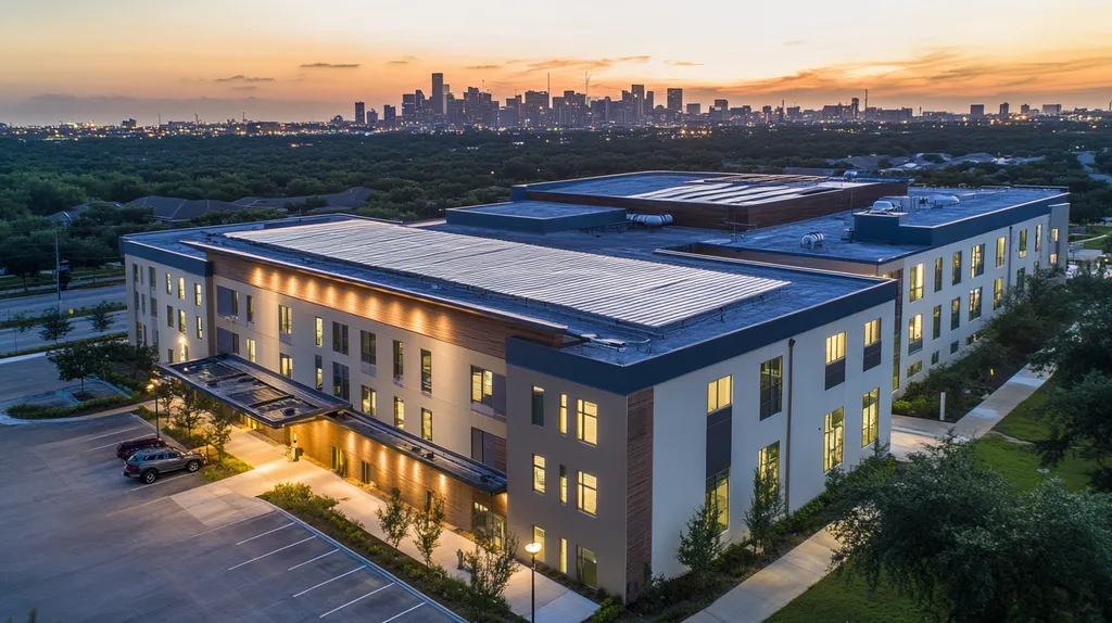 A commercial roof on a fitness gym in a location similar to Houston with an ethereal glow aesthetic (AI image)
