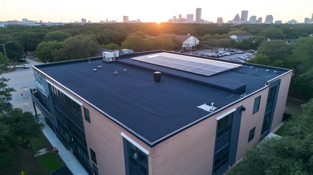 A commercial roof on a fitness gym in a location similar to Houston with an ethereal glow aesthetic (AI image)