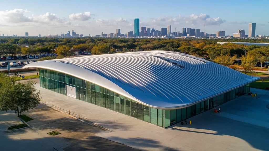 A commercial roof on a fitness gym in a location similar to Houston with a futuristic aesthetic (AI image)