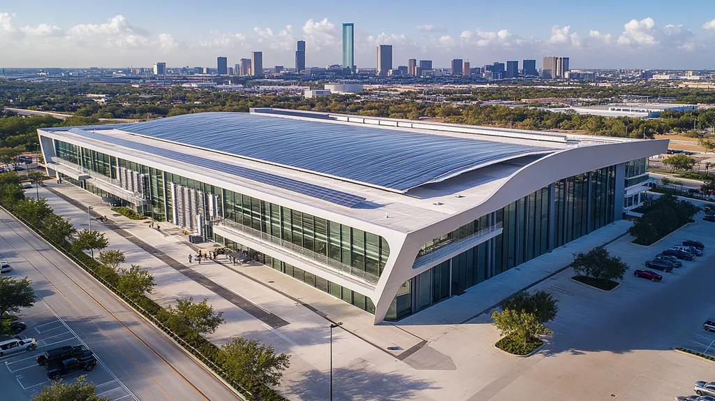 A commercial roof on a fitness gym in a location similar to Houston with a futuristic aesthetic (AI image)
