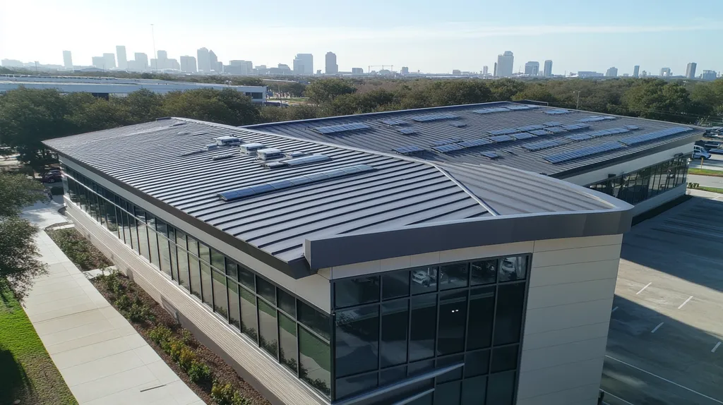 A commercial roof on a fitness gym in a location similar to Houston with a futuristic aesthetic (AI image)