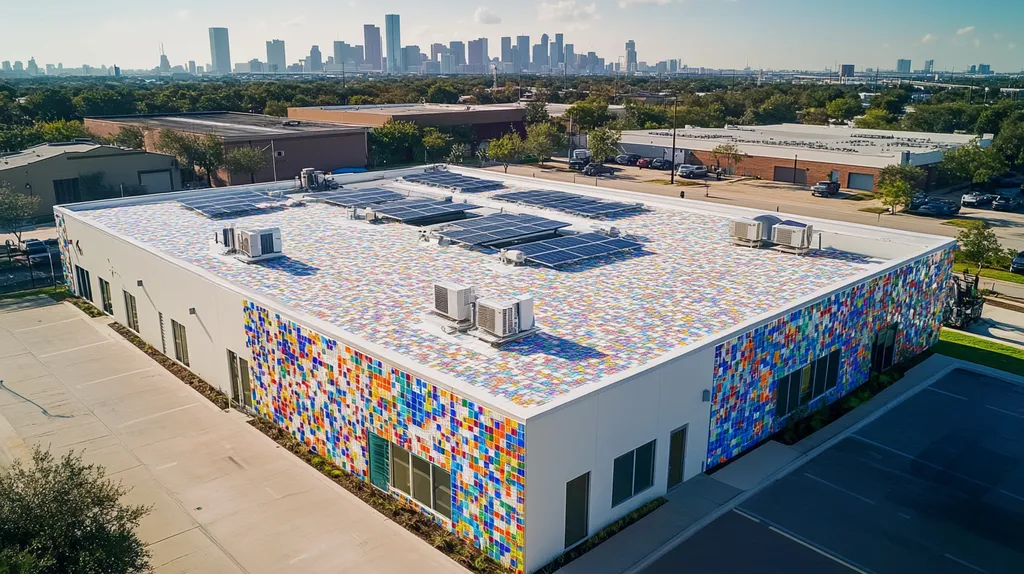 A commercial roof on a fitness gym in a location similar to Houston with a mosaic tile art aesthetic (AI image)