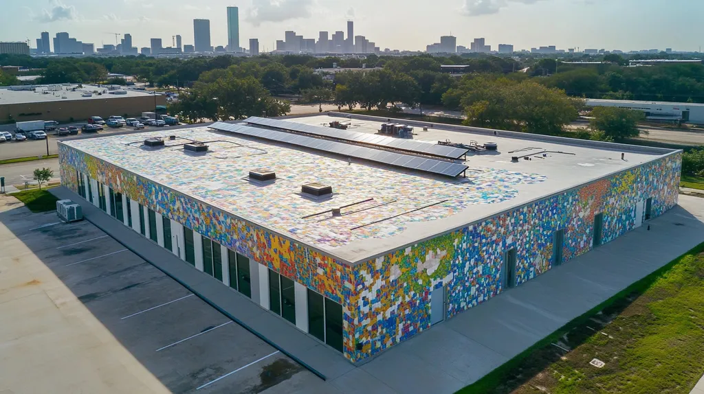 A commercial roof on a fitness gym in a location similar to Houston with a mosaic tile art aesthetic (AI image)