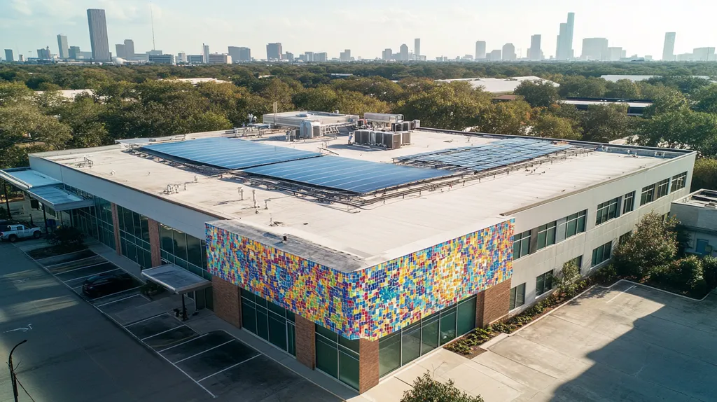 A commercial roof on a fitness gym in a location similar to Houston with a mosaic tile art aesthetic (AI image)