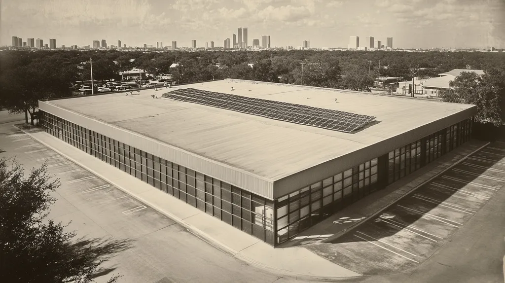 A commercial roof on a fitness gym in a location similar to Houston with a tintype aesthetic (AI image)