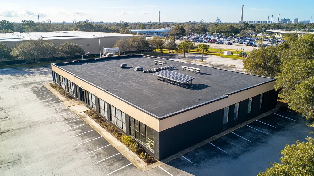 A commercial roof on a fitness gym in a location similar to Jacksonville with a charcoal sketch aesthetic (AI image)
