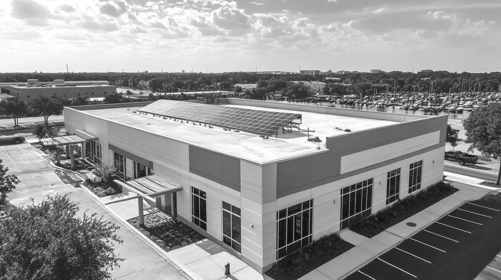 A commercial roof on a fitness gym in a location similar to Jacksonville with a charcoal sketch aesthetic (AI image)