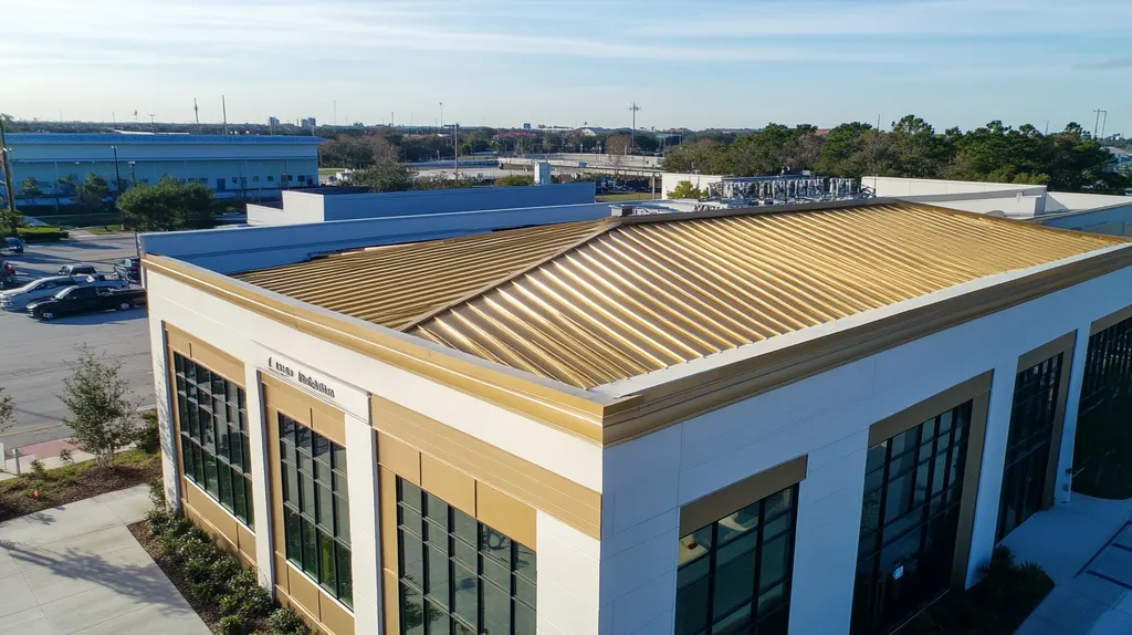 A commercial roof on a fitness gym in a location similar to Jacksonville with a solid gold aesthetic (AI image)