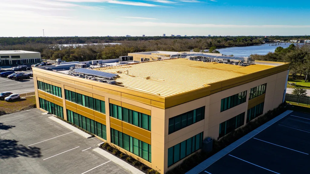 A commercial roof on a fitness gym in a location similar to Jacksonville with a solid gold aesthetic (AI image)