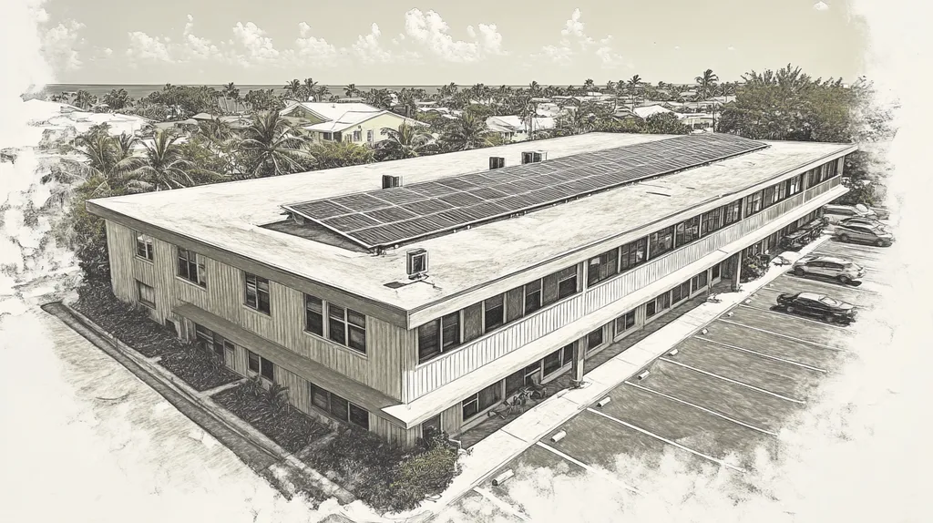 A commercial roof on a fitness gym in a location similar to Key West with a charcoal sketch aesthetic (AI image)