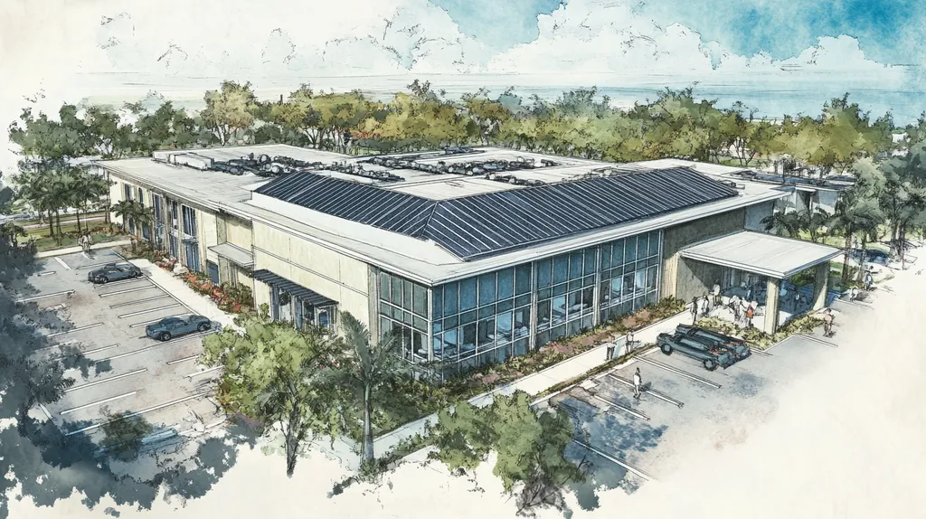 A commercial roof on a fitness gym in a location similar to Key West with a charcoal sketch aesthetic (AI image)