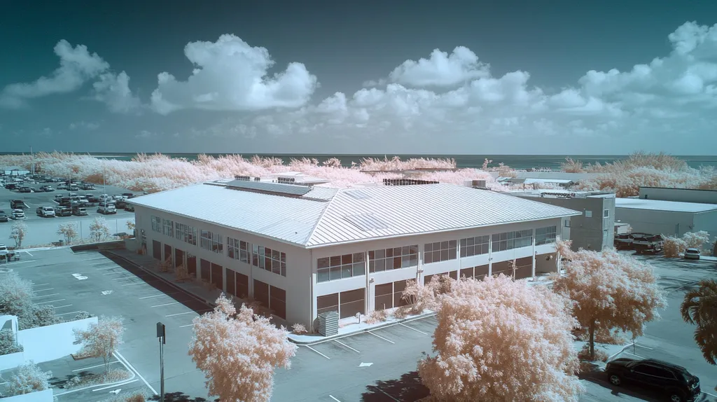 A commercial roof on a fitness gym in a location similar to Key West with an infrared photography aesthetic (AI image)