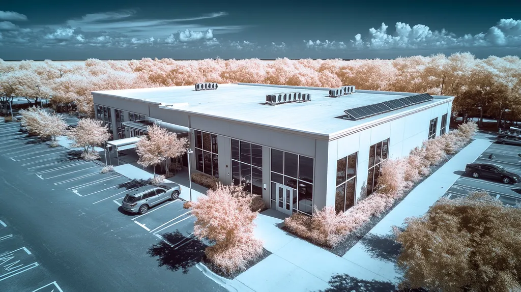 A commercial roof on a fitness gym in a location similar to Key West with an infrared photography aesthetic (AI image)