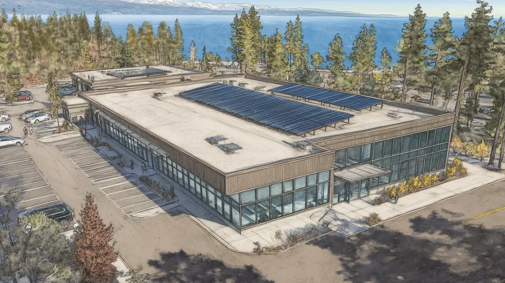 A commercial roof on a fitness gym in a location similar to Lake Tahoe with a charcoal sketch aesthetic (AI image)