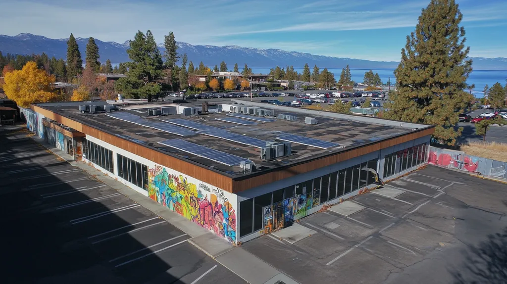 A commercial roof on a fitness gym in a location similar to Lake Tahoe with a graffiti mural aesthetic (AI image)