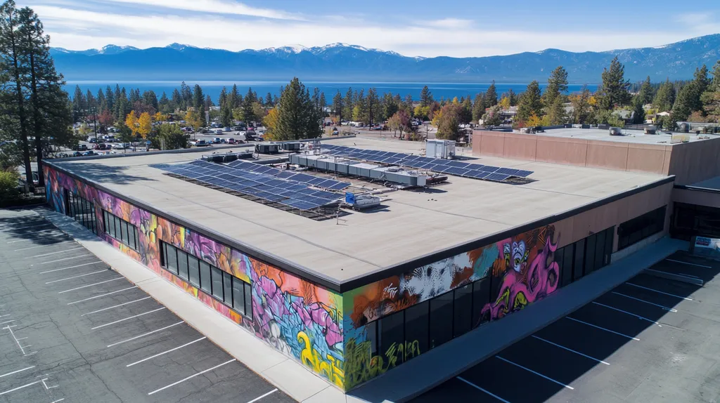 A commercial roof on a fitness gym in a location similar to Lake Tahoe with a graffiti mural aesthetic (AI image)