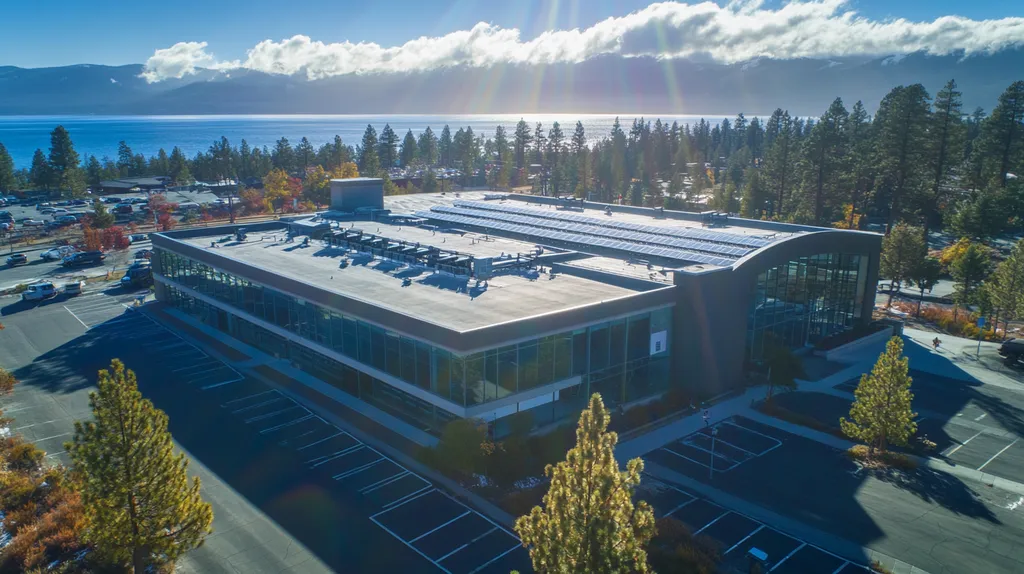 A commercial roof on a fitness gym in a location similar to Lake Tahoe with a light beams aesthetic (AI image)