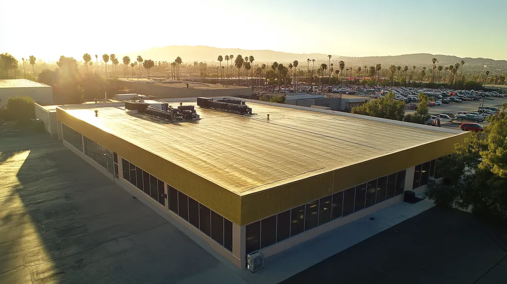 A commercial roof on a fitness gym in a location similar to Los Angeles with a solid gold aesthetic (AI image)