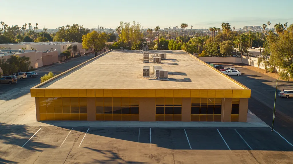 A commercial roof on a fitness gym in a location similar to Los Angeles with a solid gold aesthetic (AI image)