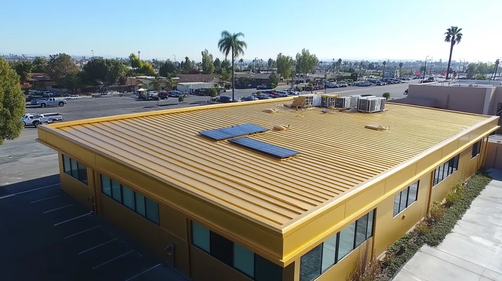 A commercial roof on a fitness gym in a location similar to Los Angeles with a solid gold aesthetic (AI image)