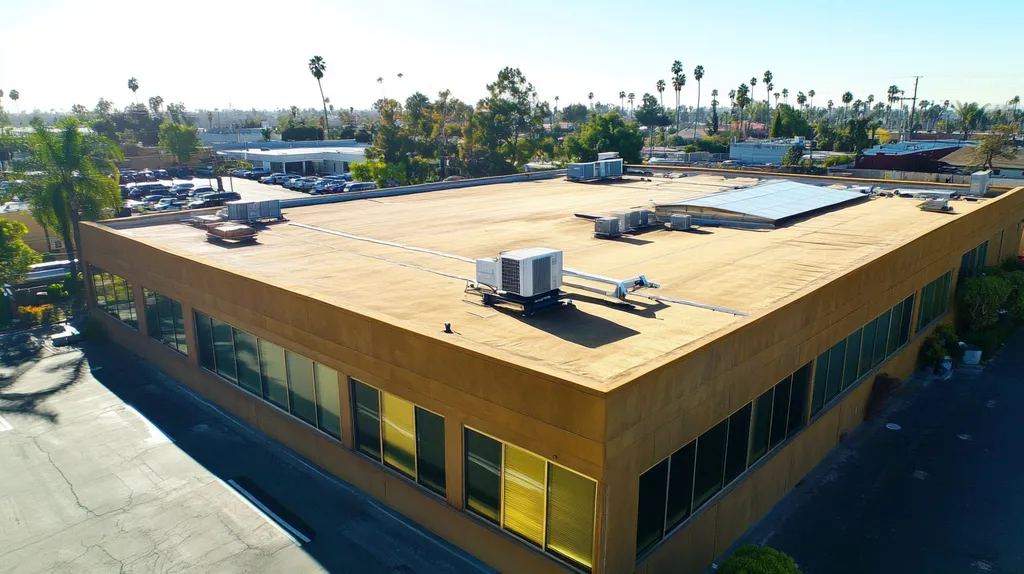 A commercial roof on a fitness gym in a location similar to Los Angeles with a solid gold aesthetic (AI image)