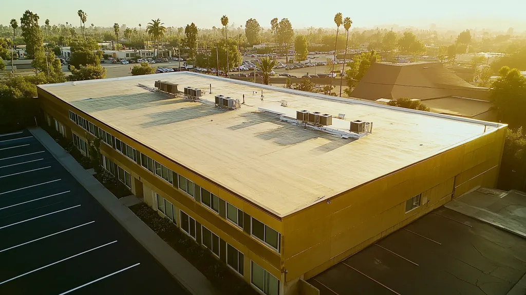 A commercial roof on a fitness gym in a location similar to Los Angeles with a solid gold aesthetic (AI image)