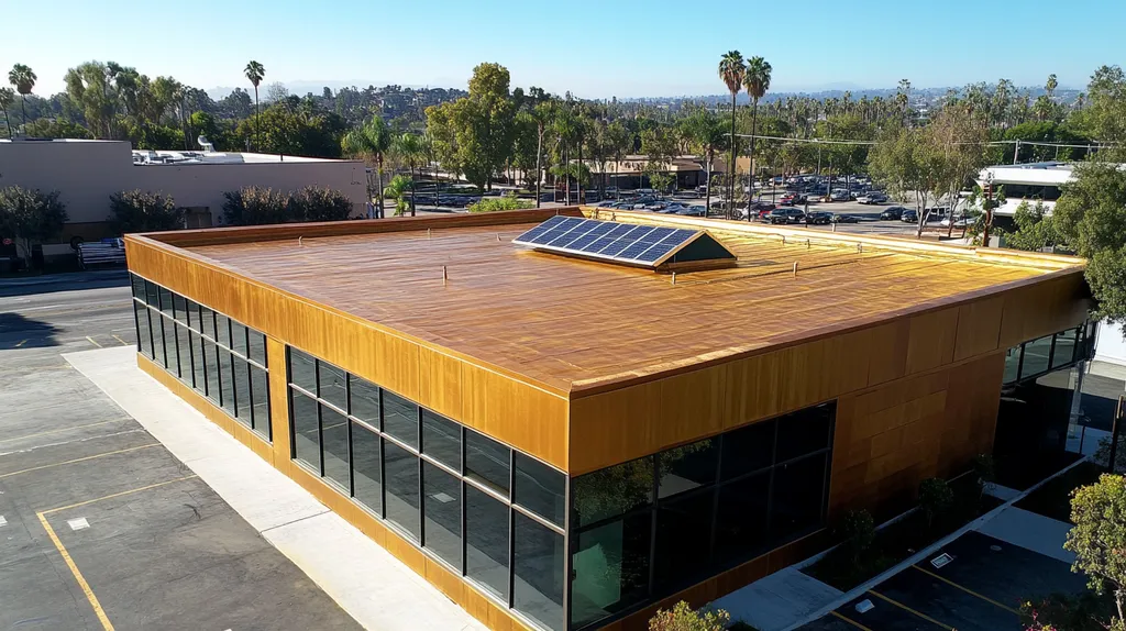 A commercial roof on a fitness gym in a location similar to Los Angeles with a solid gold aesthetic (AI image)