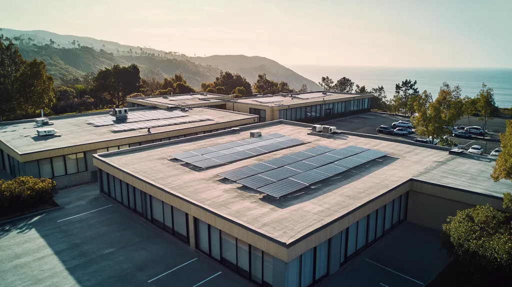 A commercial roof on a fitness gym in a location similar to Malibu with a Polaroid aesthetic (AI image)