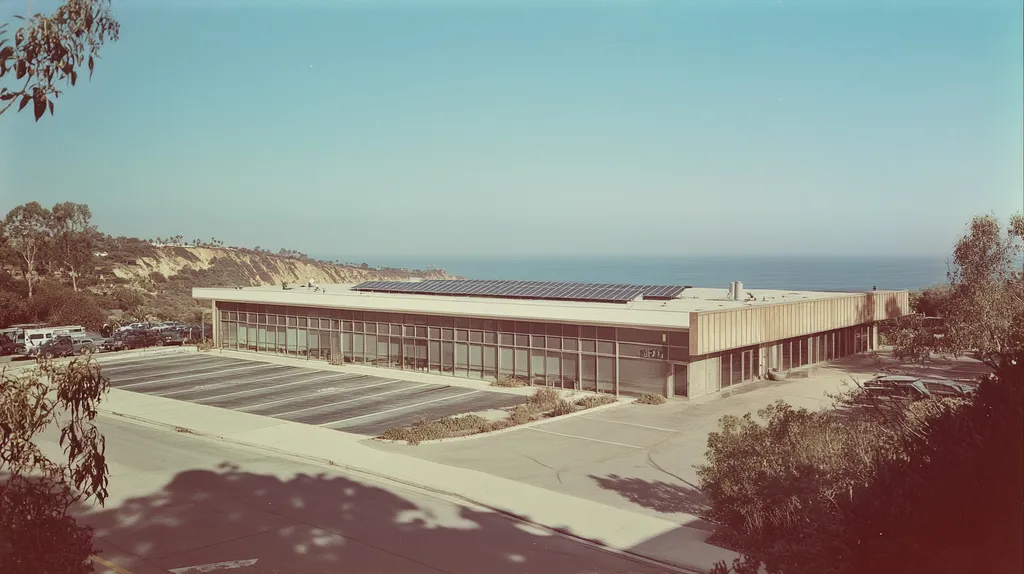A commercial roof on a fitness gym in a location similar to Malibu with a Polaroid aesthetic (AI image)