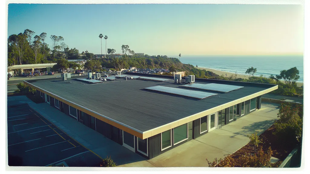 A commercial roof on a fitness gym in a location similar to Malibu with a Polaroid aesthetic (AI image)