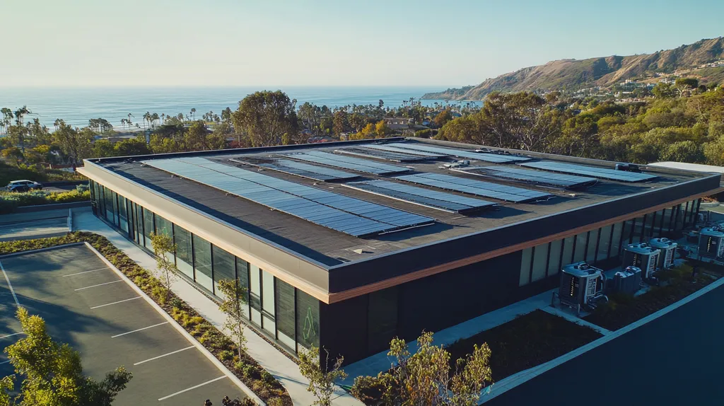 A commercial roof on a fitness gym in a location similar to Malibu with a color highlight aesthetic (AI image)
