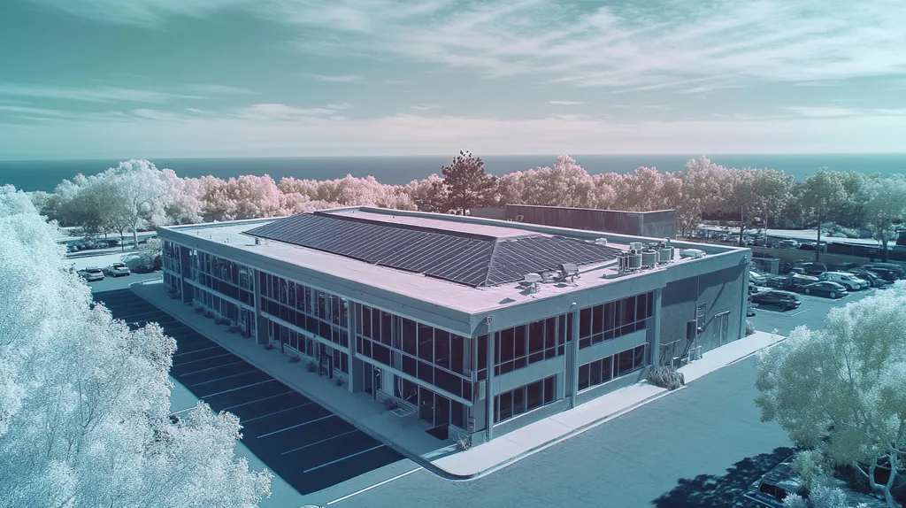 A commercial roof on a fitness gym in a location similar to Malibu with an infrared photography aesthetic (AI image)