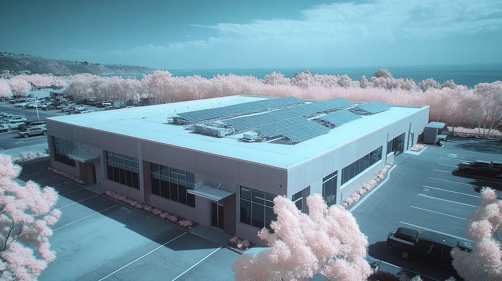 A commercial roof on a fitness gym in a location similar to Malibu with an infrared photography aesthetic (AI image)