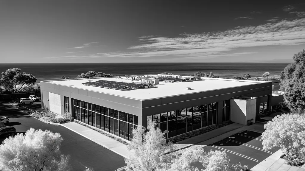 A commercial roof on a fitness gym in a location similar to Malibu with an infrared photography aesthetic (AI image)