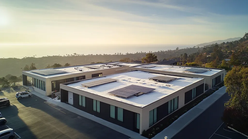 A commercial roof on a fitness gym in a location similar to Malibu with a snowy day aesthetic (AI image)