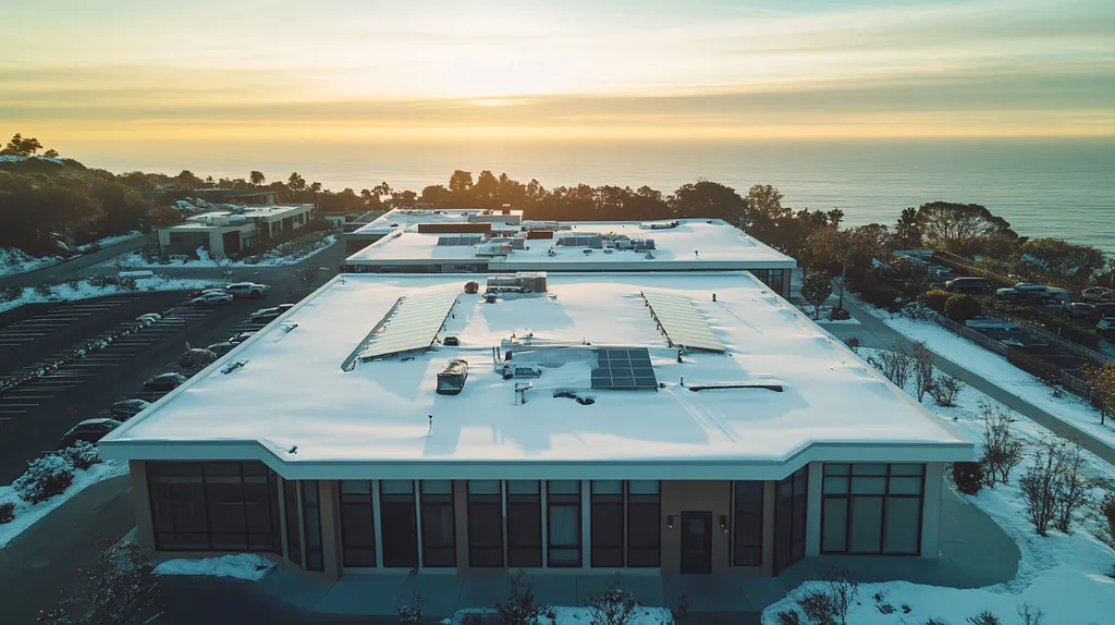 A commercial roof on a fitness gym in a location similar to Malibu with a snowy day aesthetic (AI image)