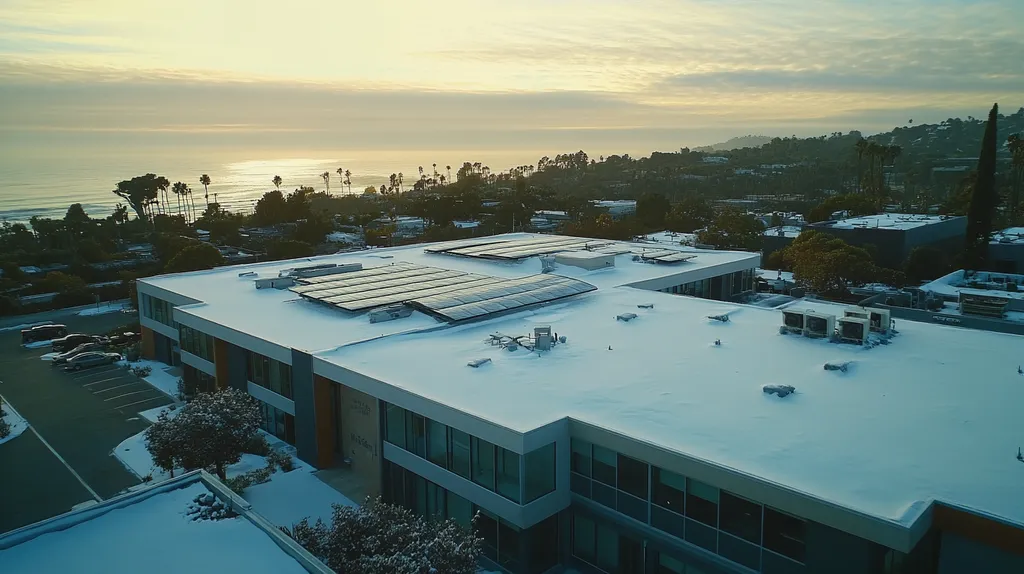 A commercial roof on a fitness gym in a location similar to Malibu with a snowy day aesthetic (AI image)