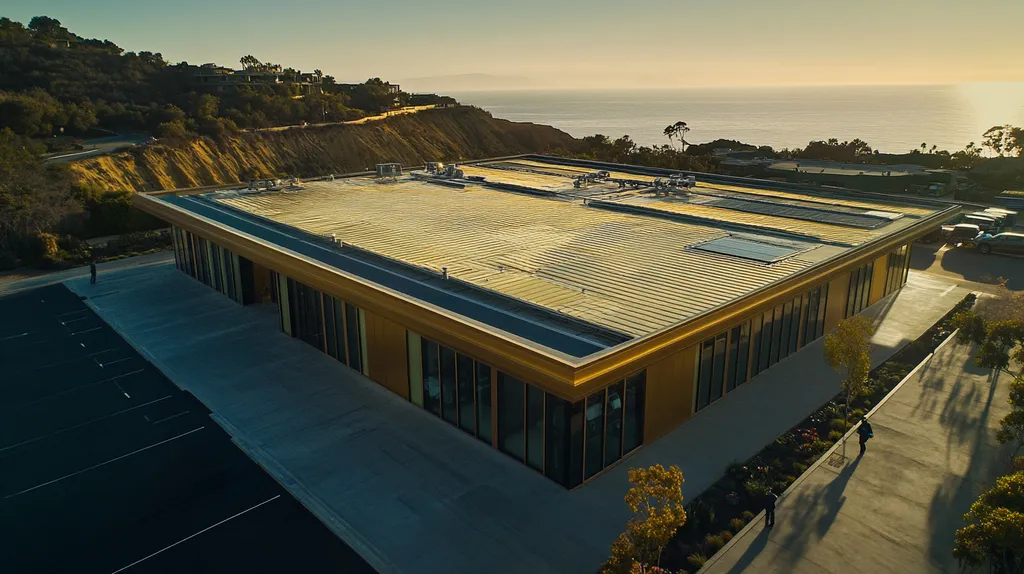 A commercial roof on a fitness gym in a location similar to Malibu with a solid gold aesthetic (AI image)