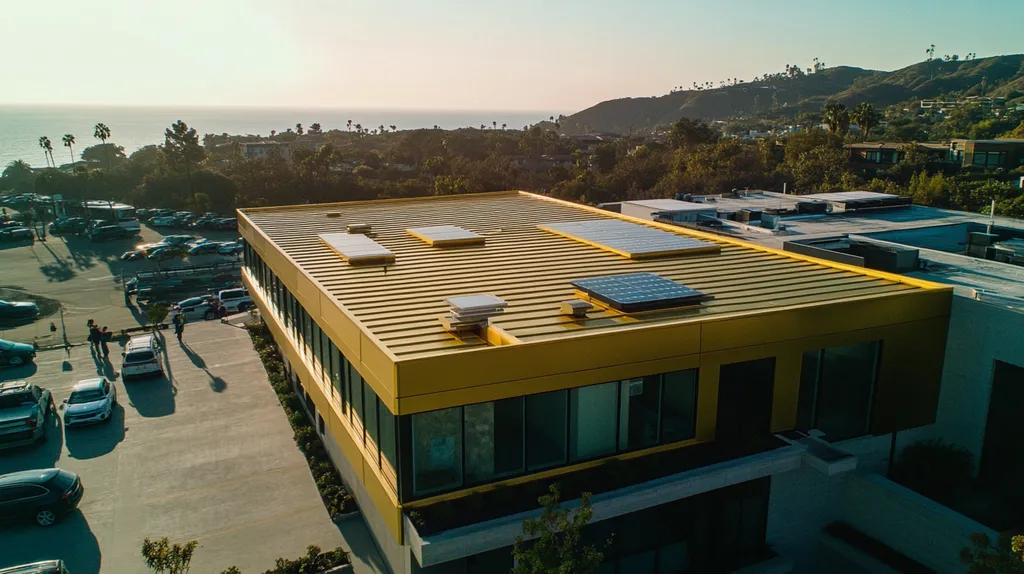 A commercial roof on a fitness gym in a location similar to Malibu with a solid gold aesthetic (AI image)