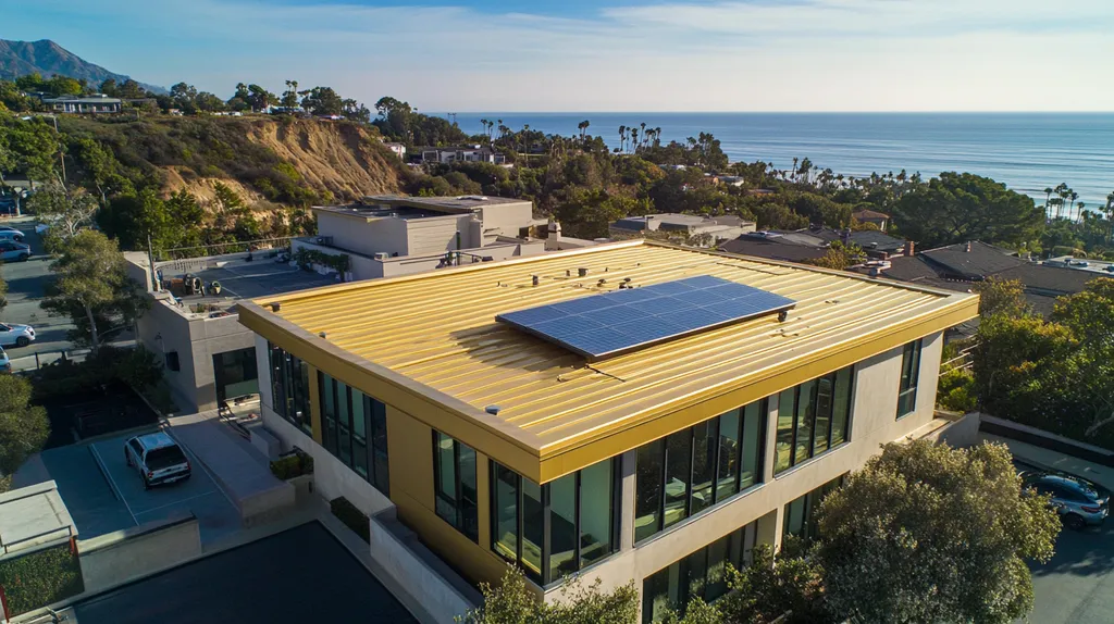 A commercial roof on a fitness gym in a location similar to Malibu with a solid gold aesthetic (AI image)